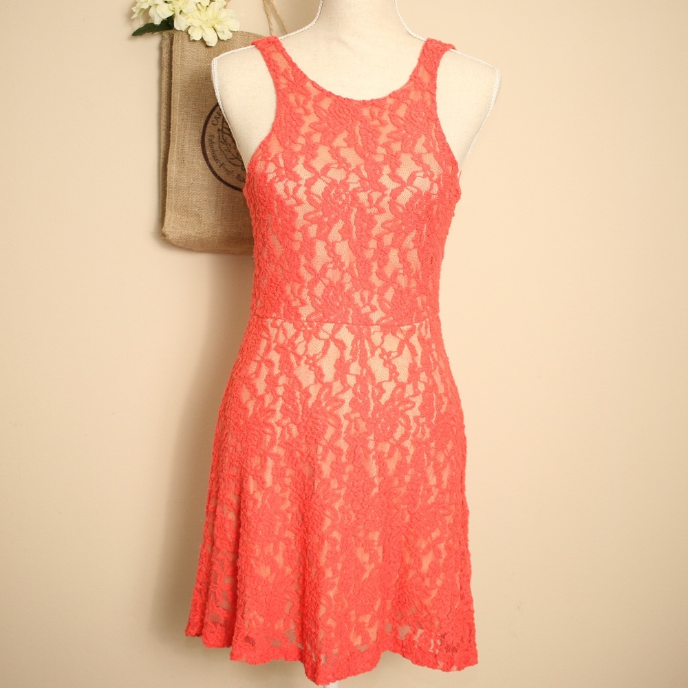Mimi Chica Coral Pink Lace Skater Dress M - Picture 2 of 8